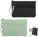 2 PCS Coin Purse Men Small Purses for Women Coin Holder Small Cute Genuine Leather Wallet Coin Pouch Purses with Key Ring Zipper Pouch Card Holder Small Change Wallet Coin Case(Green, Black)