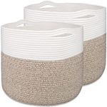 MicroIdeas 2 PCs Large Storage Basket 15.8x13.8in, Blanket Cotton Rope Woven Basket, Toy Bin, Clothes Hamper, Decorative Round Wicker Basket Storage for Blankets Home Décor Plant - White Brown