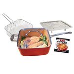 BulbHead Red Copper Square Pan 5 Piece Set by BulbHead, 10-Inch Pan, Glass Lid, Fry Basket, & More