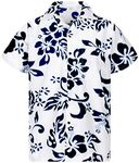 V.H.O. Funky Hawaiian Shirt, Shortsleeve, Hibiscus, Navyblue on White, M