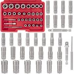 32Pcs Bolt Extractor Kit, 33mm elevated design, with 3/8, 1/4 Inch Adapter, Ez Out Deep Broken Lug Nut Removal Socket Set, Easy-Out Spark Plug Remover Tool, for Stripped Rusted Bolts, Stud, Nuts Screw