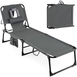 Costway Tanning Chair, Portable Chaise Lounge Chair with 4-Position Adjustable Backrest, Folding Beach Chair with Face Arm Holes & Storage Pocket for Patio, Deck & Camping (Grey)