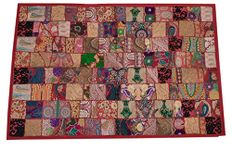 Ekam Art Rajasthani Handmade Embroidery Cotton Patchwork Tapestry Cotton Wall Decor Hanging Beaded Tapestries 40 x 60 Inch (Red)