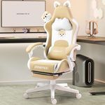 Dowinx Gaming Chair Cute with Plush Doggy and Massage Lumbar Support, Ergonomic Computer Chair for Girl with Footrest and Headrest, Comfortable Game Chair 290lbs for Adult, Teen, White and Khaki