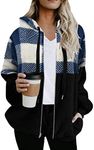 WIWIQS Women's Plaid Shacket Jacket Casual Button Wool Blend Winter Tartan Trench Coat with Pockets Blue White 5XL