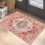 Yamaziot Washable Area Rug, 2x3 Small Entryway Rug Non-Slip Boho Vintage Rug with Rubber Backing, Low Pile Faux Wool Distressed Rug Floor Carpet for Indoor Door Mat, Kitchen, Laundry (Pink)