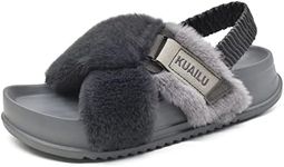 KuaiLu Womens Fuzzy Cross Band Platform Sandals with Back Strap Arch Support for Spring Fall Furry Ladies Open Toe Slingback Slide Slippers Cozy Plush Fleece Comfy House Shoes Slippers Grey 11