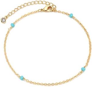 MEVECCO Anklet for Women Gold Turquoise Bead Wire Wrapped Station Chain 14K Gold Plated Dainty Boho Beach Summer Simple Foot Jewelry Ankle Bracelet