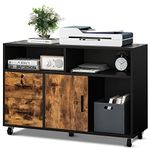 YITAHOME Wood File Cabinet, Mobile Filing Cabinet 2-Drawer Lateral File Cabinet with Lock, Printer Stand with Open Storage Shelves for Home Office,Black and Rustic Brown