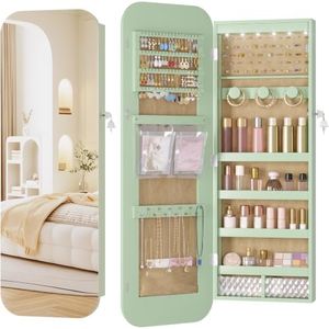LVSOMT 6 LEDs Mirror Jewelry Cabinet Door Hanging, 42.5", Lockable, Green