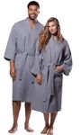 Turquaz Linen Lightweight Long Waffle Kimono Unisex Spa Robe (One Size, Gray)