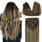 DOORES Remy Human Hair Extensions Clip in Balayage Chocolate Brown to Honey Blonde 16 Inch 7pcs 120g Clip in Hair Extensions Real Natural Hair Extensions Straight Thick