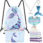 Mermaid Drawstring Backpack - Mermaid Gifts for Girls Birthday Christmas 10 PCS Drawstring Bags Set Including Makeup Zipper Bag Sequin Key-chain Necklace Bracelet Hair Ties