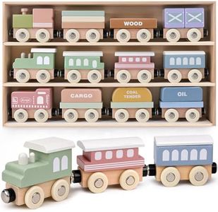 Wooden Train Set for Toddlers, 12PCS Montessori Magnetic Train Cars with Storage Gift Box, Compatible with Major Brands, Wooden Baby Stacking Blocks Toy, Birthday Gift for Boys Girls Ages 1-3 3-5+
