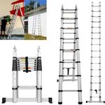 Telescopic Folding Ladder 5 Metre with Stabilizer, Aluminium Collapsible Ladders Extendable Loft Ladder, 2.5M+2.5M Multi Purpose A-Frame Extension Roof Ladder for Gutter Cleaning, Max Load 330lbs