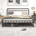 DUMEE King Bed Frame with Headboard and Storage Under Bed, Metal Bed Frame King Size No Box Spring Needed, Enhanced Slats and Legs, Stable Noise Free, Black