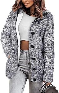 Sidefeel Women Hooded Knit Cardigans Button Cable Sweater Coat Small Grey