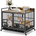 YITAHOME 37.5'' Heavy Duty Dog Crate with Removable Divider, Double Doors & Locks Design, Furniture Style Large Dog Crate with 360° Rotatable Dog Bowls & 360° Wheels & 2 Trays for Small/Medium Dog