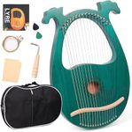 LOMUTY Lyre Harp 16 Strings Mahogany Lyre Instrument Ancient Style Lyres Wood String Instrument Miniature Harp with Carry Bag, Extra Strings, Tuning Wrench etc. Green, Antler-Shaped