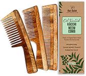 Nat Habit - Kacchi Neem Wooden Comb - Soaked In 17 Herbs, Neem & Sesame Oil For Multi-Actions - Detangling, Frizz Control & Shine (Dual Tooth, Fine Tooth & Wide Tooth) Combo Pack of 3