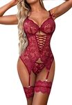 EVELIFE Women's Lingerie Sets Sexy Lace Bodysuit with Thigh Cuffs Underwear Teddy Babydolls with Thigh Garter No Stockings (Wine Red,XL)