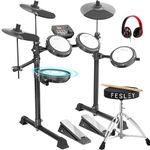 Fesley FED150W Electric Drum Set: Electronic Drum Set with 4 Quiet Mesh Drum Pads for Beginner, Dual Zone Snare Drum, Portable Drum Set with Bluetooth and MIDI function, Throne, Headphones, Sticks