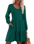 Hotouch Women's Casual Tunic Dress V Neck Tiered Dress with Pockets Women Babydoll Dress Long Sleeve Ruffled Dress Cotton Fall Dresses Green Large