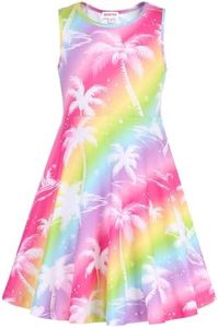 JESKIDS Little Girls Dress Sleeveless Casual Twirl Dresses Print Sundress Rainbow Coconut Tree 10-11 Years