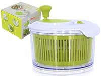 Small Salad Spinner with clear serving bowl, colander basket, smart-lock lid, easy drain system, non-slip base. 16cm|6in diam. Washes, dries & dresses lettuce, herbs, vegetables & fruit. Compact.