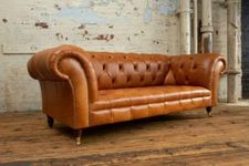 WESTERN WOOD ART Vintage Leather Chesterfield Luxury Three-Seater Wooden Handmade Sofa with Chaise Lounge; Ideal for Living Room, Dining Room, Office, and Spaces in Sofa Luxurious Style-(Yellow).