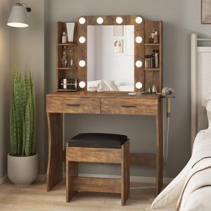 Maupvit Vanity Mirror with Lights Desk, Makeup Vanity Table with Power Strip, 3 Color Adjustable Lighted Dressing Table with 2 Drawers & Stool, Brown