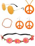 Wirhaut 5 Pieces Hippie Orange Accessories Set 70s Accessories for Women, Hippie Sunglasses Flower Headband Beaded Bracelet Peace Sign Necklace and Earrings for Halloween 60s Disco Party