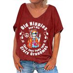 Mzkdieey Old Hippies Don't Die Grandma Shirt Women Vintage V Neck Short Sleeve Tee Tops Funny Saying T-Shirt Plus Size Red