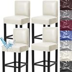 Bar Stool Covers,4 Pack Stretch Waterproof PU Bar Stool Covers with Backs Removable Bar Stool Chair Covers Basrstool Covers Slipcovers with Back Pub Counter Chair Covers with Elastic Bands Beige