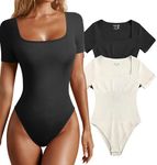 2 Piece Womens Bodysuit Square Neck Bodysuit Short Sleeve Ribbed Bodysuits Thong Bodysuits for Women