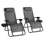 Straame Garden | Zero Gravity Chair | Set of 2 | Heavy Duty Textoline | Outdoor & Garden Sunloungers | Reclining & Folding Chair with Cup Holder and Headrest Pillow(Grey, Set of 2 Classic Chair)