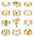 FIOROYAL 12Pcs 𝟏𝟖𝐊 𝐆𝐨𝐥𝐝 𝐏𝐥𝐚𝐭𝐞𝐝 Rings for Women Stainless Steel Stackable Rings Boho Signet Snake Ring Adjustable Open Ring Chunky Knuckle Rings Set Gold