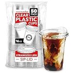 16 oz Clear Plastic Cups with Lids Disposable, Togo Drinking Cup with Strawless Sip Lid for Smoothie, Cold Brew Iced Coffee, Lemonade, Ice Latte, Boba, Party Drinks, Bulk, 16 Ounce (Set of 50)