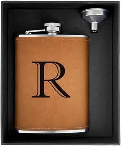 CARAKNOTS Monogrammed Gifts for Men Groomsmen Gifts for Wedding Engraved Personalized Initial Flasks for Him Husband Birthday Christmas Leatherette Hip Flasks for Liquor for Men with Funnel Letter R