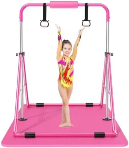 Safly Fun Expandable Gymnastics Bars Junior Training Bar Gymnastic Folding Horizontal Bars with mat for Kids (Pink with Mat)
