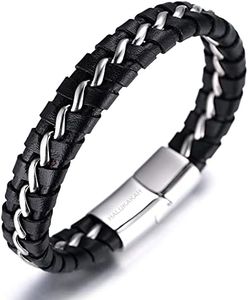 HALUKAKAH Enfants ● Solo Junior ● Garçon Bracelet en Cuir Véritable de Main Noir 6-12 Ans Chaîne Argent Titane Acier Fermoir Magnétique 7"/18cm avec Le Boîte-Cadeau Gratuit