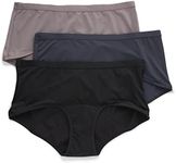 Hanes Women's Comfort, Period. Boy Shorts Panties, Postpartum and Menstrual Leak Protection Underwear, Period Panties 3-Pack, Beige,Gray and Black, 6