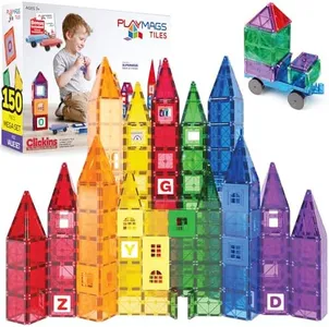 Playmags 150-Piece Magnetic Tiles Building Set – 3D Magnet Building Blocks, Creative Imagination, Inspirational, Educational STEM Toys for Kids with 1 Car