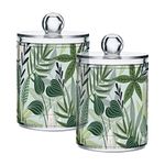 Mnsruu 4 Pack Cotton Swab Holder with Lid Tropical Leaves Green Qtip Cotton Buds Ball Dispenser Bathroom Containers Canister Organizer Storage Jar