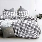 Wake In Cloud - Washed Cotton Duvet Cover Set, Buffalo Check Gingham Plaid Geometric Checker Pattern Printed in Gray Grey and White, 100% Cotton Bedding, with Zipper Closure (3pcs, King Size)