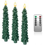 Yme 3pcs Christmas Trees Battery Candles, LED Taper Candles with Remote Control Timer Real Wax Warm White Light for Green Christmas Dinner Table Decorations Home Decor Gifts