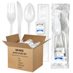 KitchenDine (100 Pack) Medium Weight Wrapped Plastic Cutlery Pack with Napkin and Salt/Pepper Packets (White)