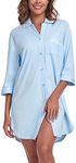 COLORFULLEAF 100% Cotton Nightgowns for Women 3/4 Sleeve Sleep Shirt Button Down Soft Sleepwear Night Dress S-XXL, Z4-light Blue, Medium