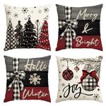 AVOIN colorlife Merry Christmas Joy Xmas Trees Red Throw Pillow Covers, 18 x 18 Inch Christmas Winter Holiday Cushion Case Decoration for Sofa Couch Set of 4