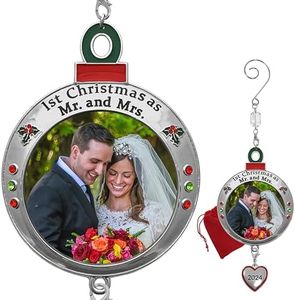 BANBERRY DESIGNS Wedding Ornament - 1st Christmas as Mr. and Mrs. EST 2018 - Red and Green Picture Ornament Shaped Like an Ornament Bulb